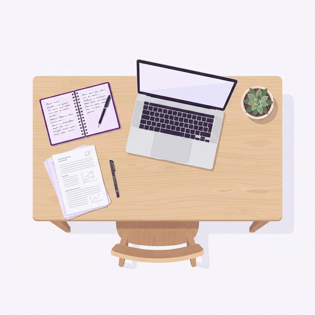 Ilustração de uma mesa de trabalho calma com um caderno aberto, páginas impressas e um laptop