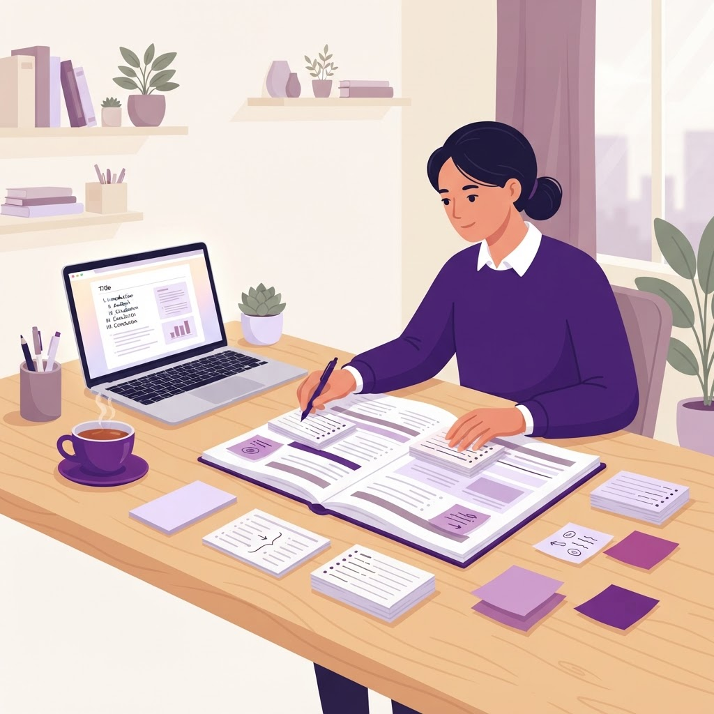Ilustração de uma pessoa organizando um manuscrito em fichas e um laptop com um esboço de curso